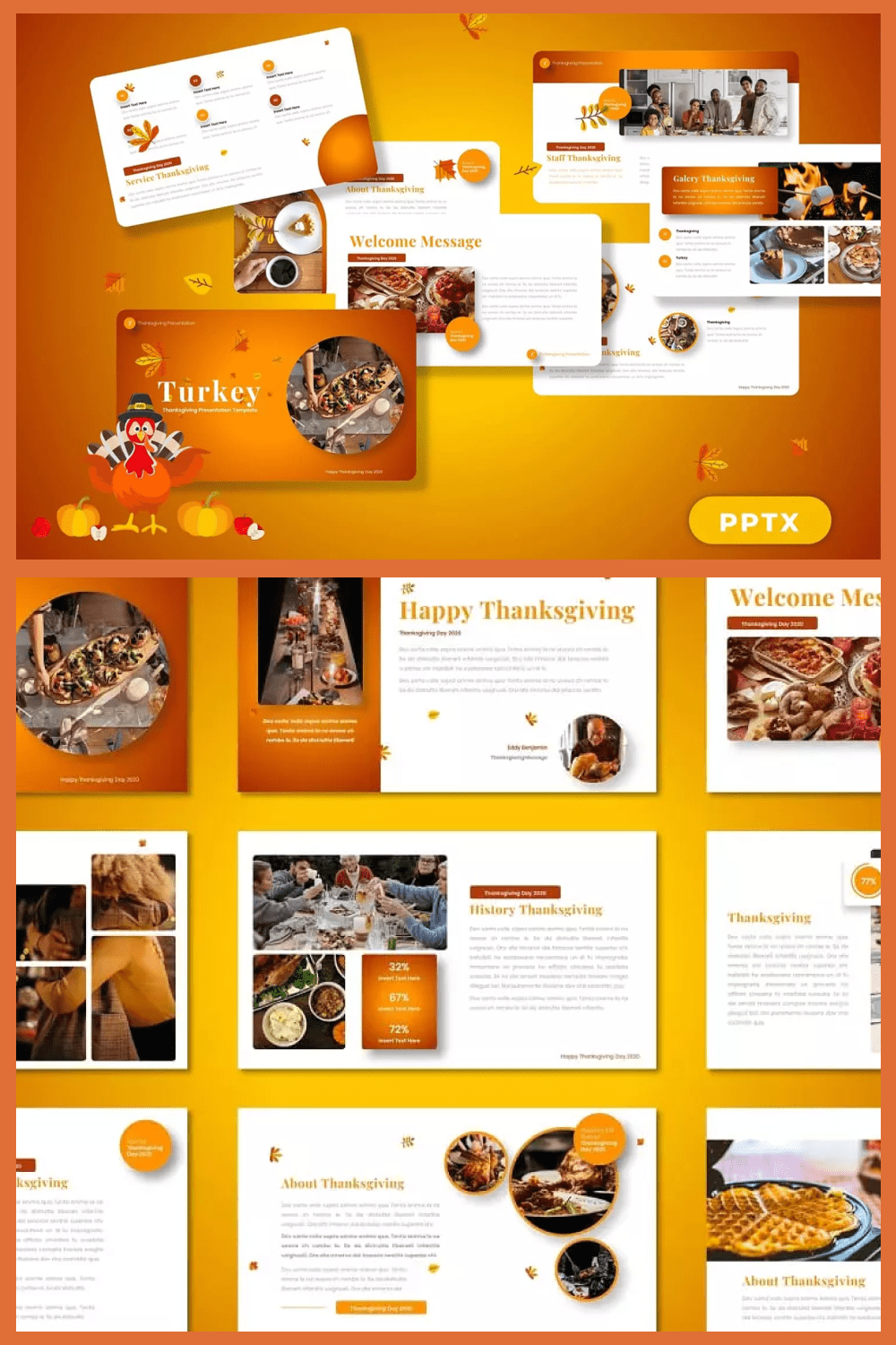 A collage of screenshots of the thanksgiving-themed powerpoint template.
