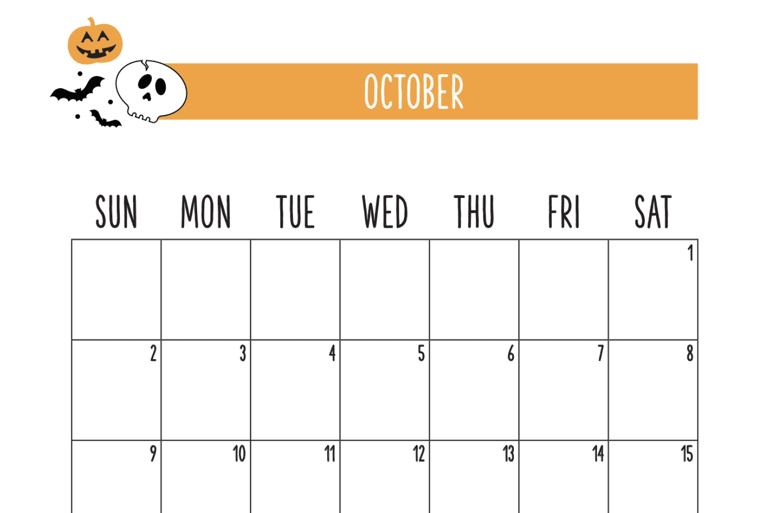 Calendar for october with writing option and skull, pumpkin and bats.