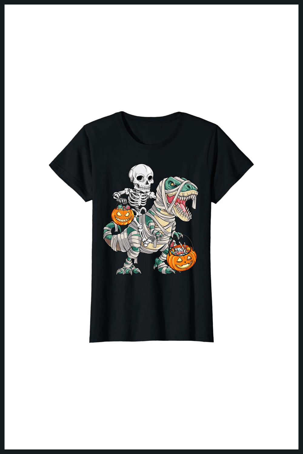 Black T-shirt with a mummy dinosaur with a skeleton on it.
