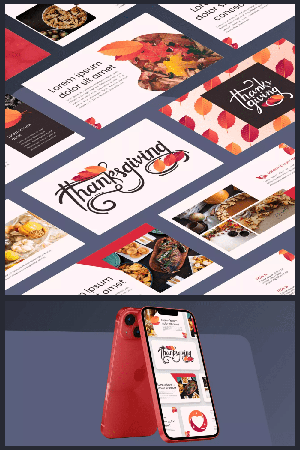 A collage of screenshots of a thanksgiving-themed powerpoint template with yellow leaves.