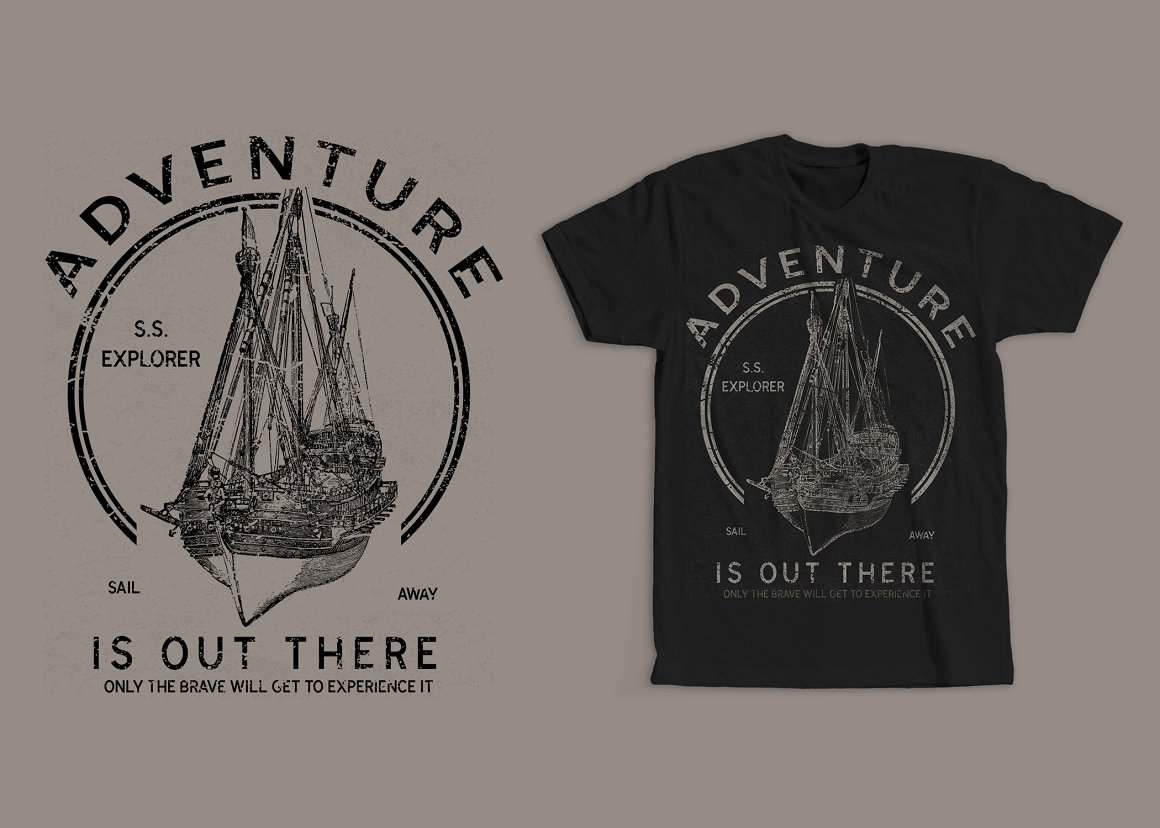 Black T-shirt with image ship and the lettering "Adventure is out there" and the same image with the lettering on the grey background.