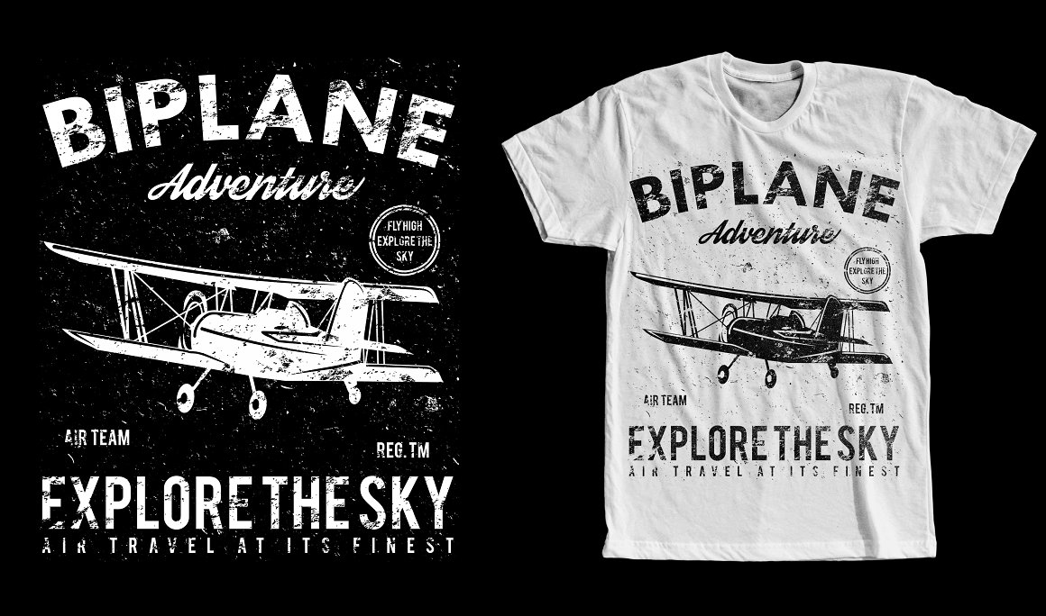 A black image of a biplane on a white t-shirt and a white image of a biplane on a black background.