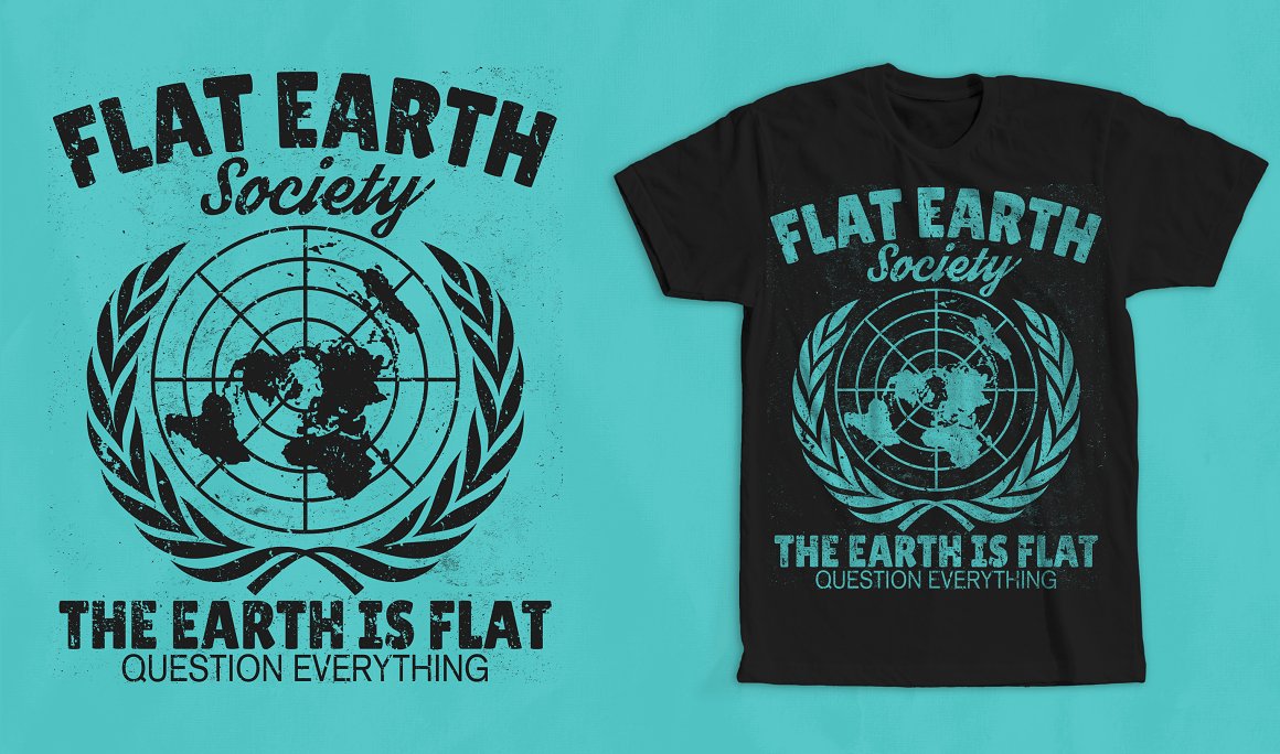 Preview retro vintage distressed design with the blue lettering "Flat earth society the earth is flat question everything" on black t-shirt and black lettering on a blue background.