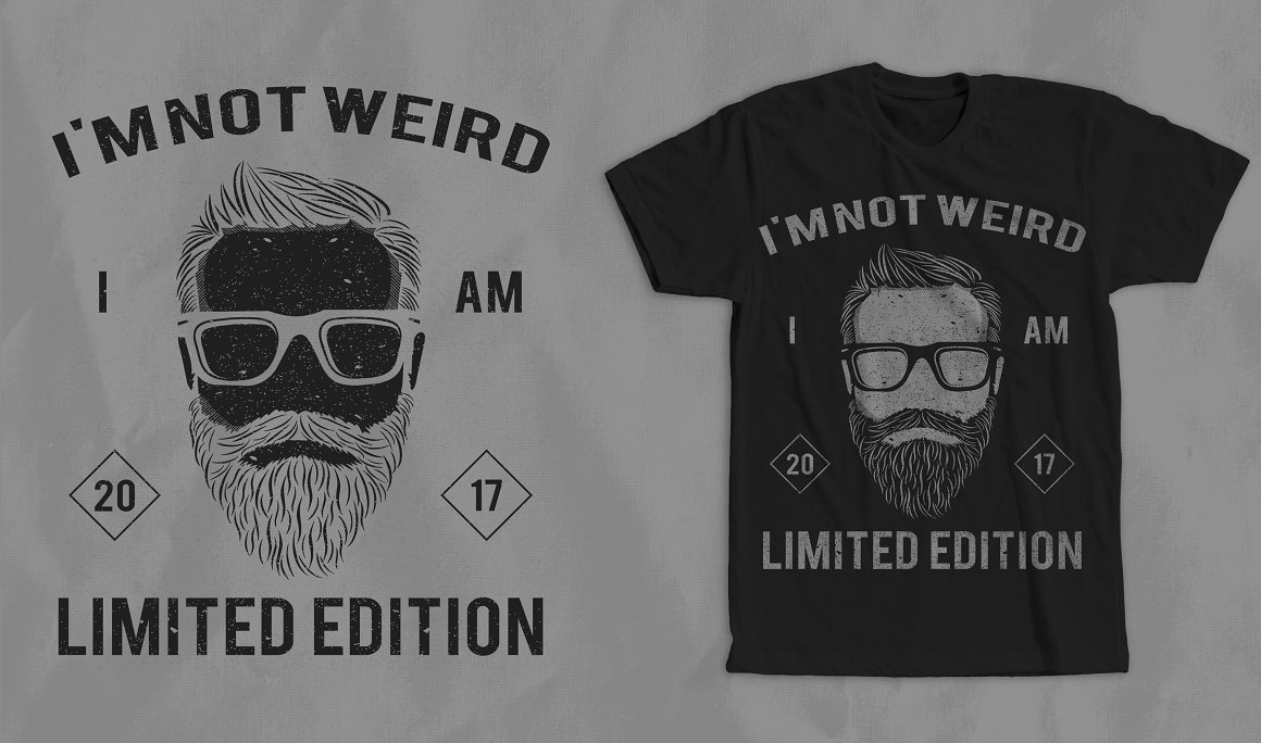White image man with the lettering "I'm not weird I am limited edition" on black t-shirt and black same image with lettering on a white background.