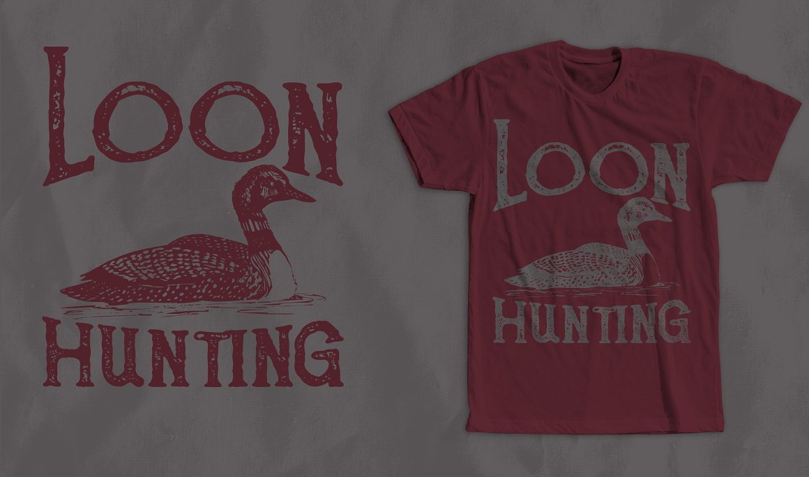 Pink T-shirt with a white image of a loon with a white lettering "loon hunting" and the same pink image on a white background.