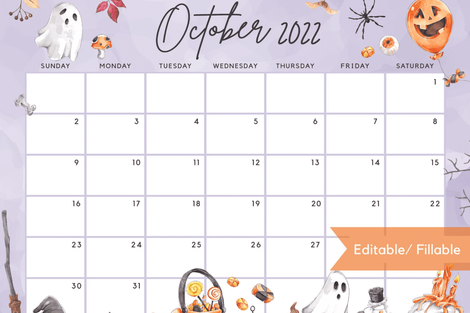 Calendar for October with the ability to make entries with ghosts, balloons and mushrooms.