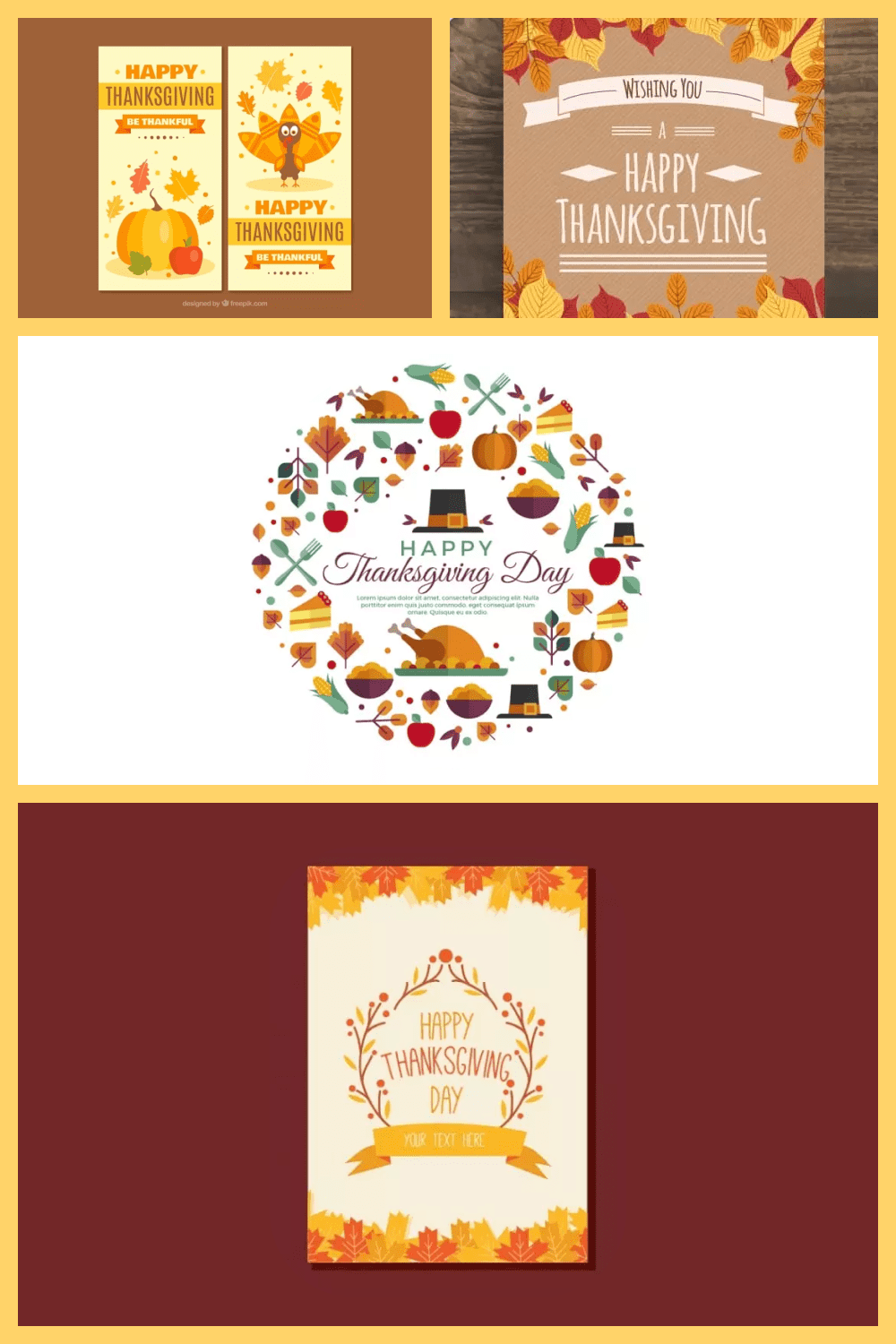 Collage of flyer screenshots on Thanksgiving theme in yellow color.