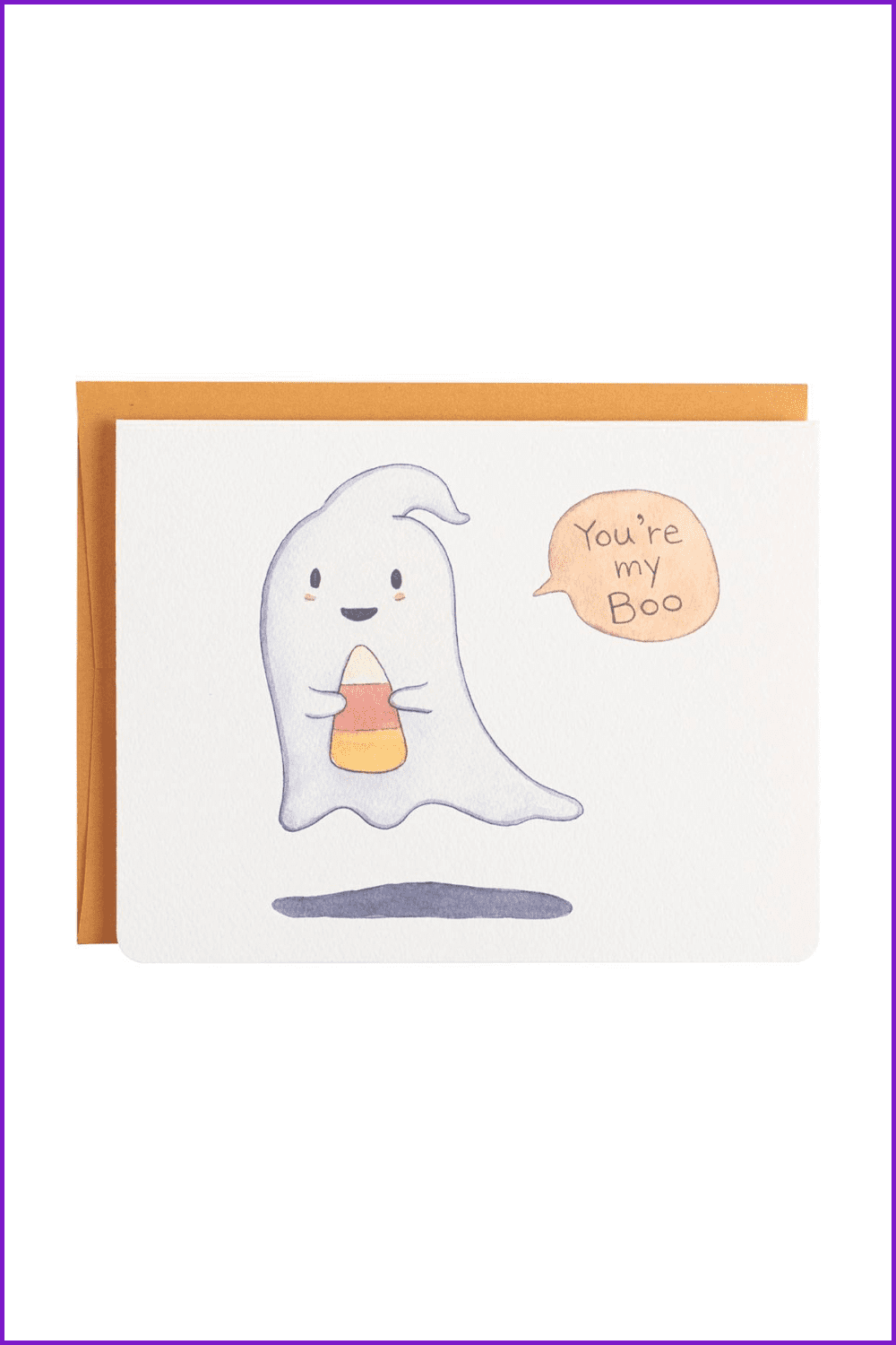Drawn cute, funny ghost on a postcard.