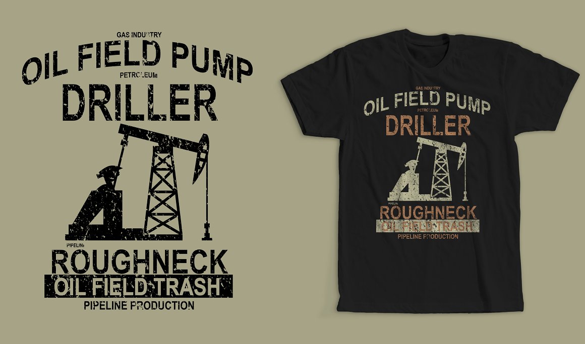 Black T-shirt with image spore for oil production and the lettering "Oil field pump driller roughneck" and the same image with the lettering on the grey background.