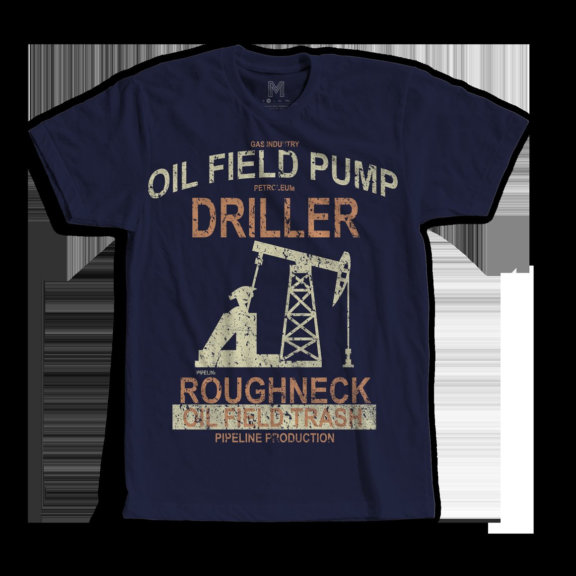 Dark blue T-shirt with image spore for oil production and the lettering "Oil field pump driller roughneck".