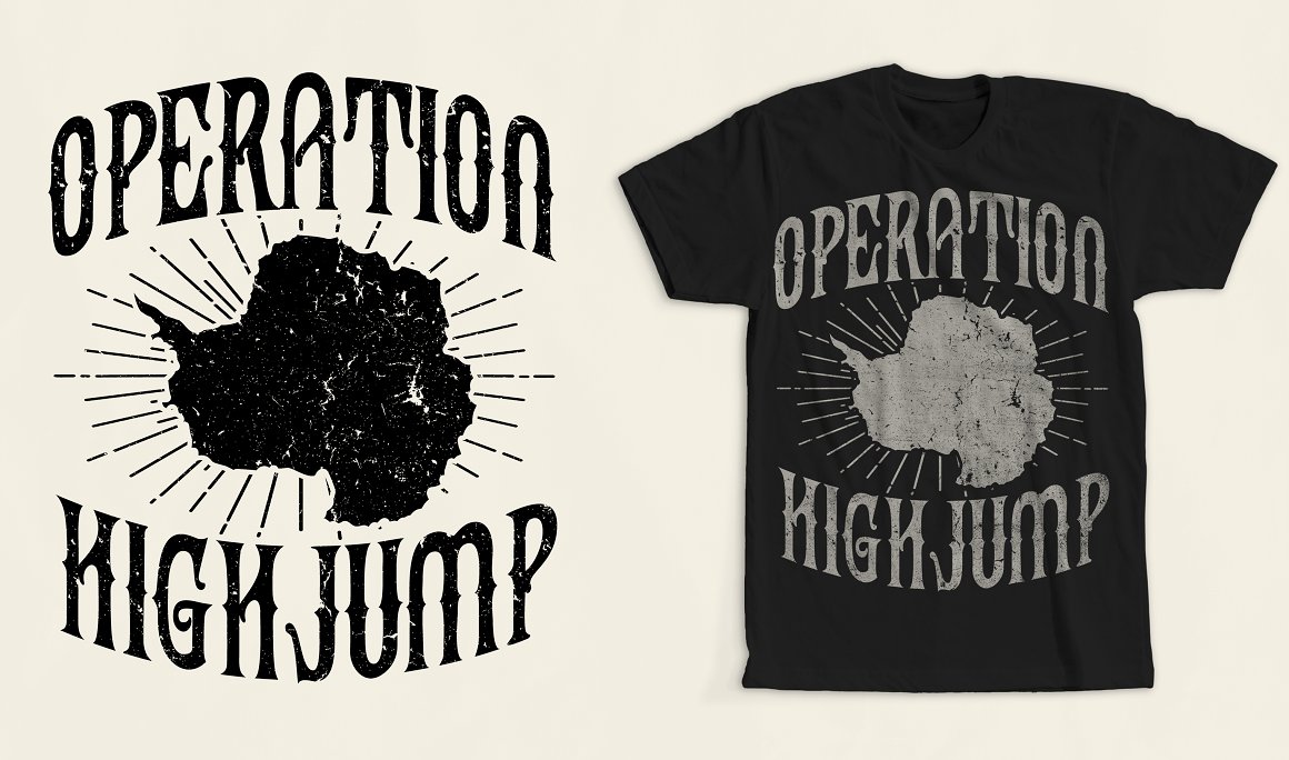 Retro vintage distressed design with the white lettering "Operation high jump" on black t-shirt and black lettering on a white background.