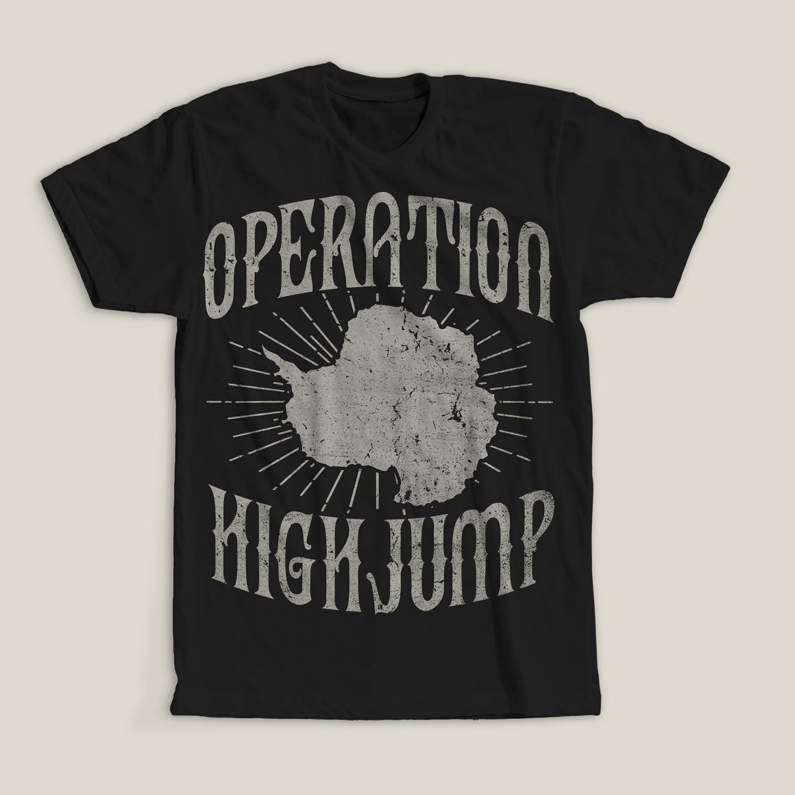 Retro vintage distressed design with the white lettering "Operation high jump" on black t-shirt.