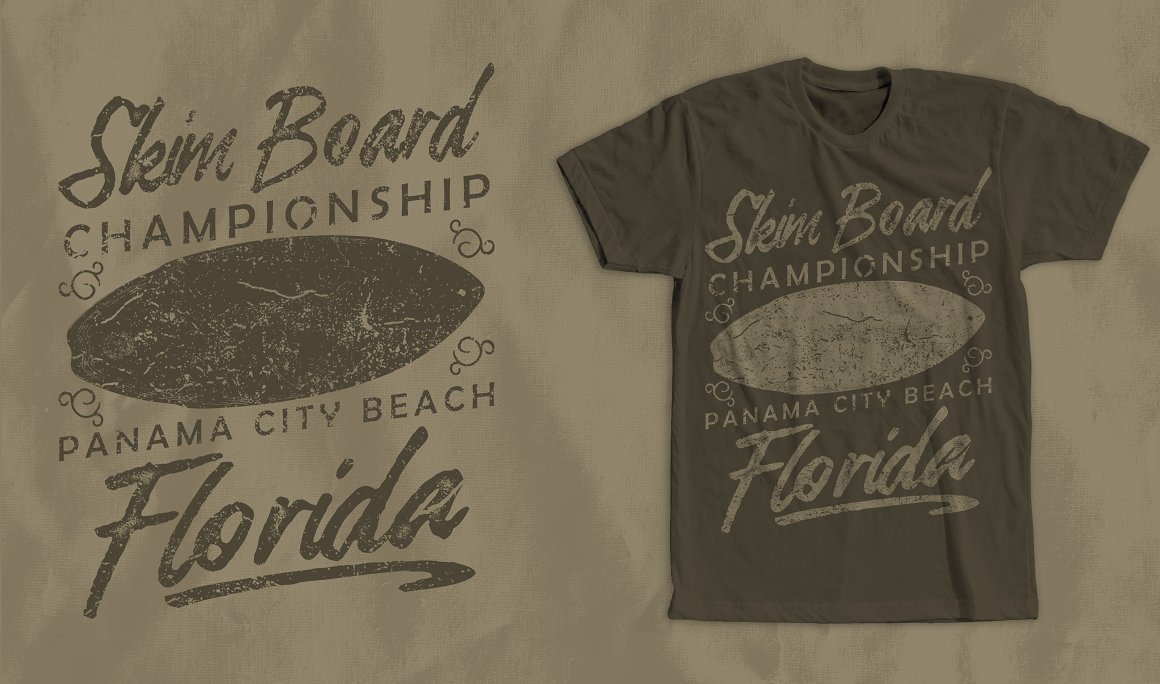 Olive T-shirt with grey image skim board with lettering "Skim board championship Panama city beach Florida" and the same olive image with lettering on the grey background.