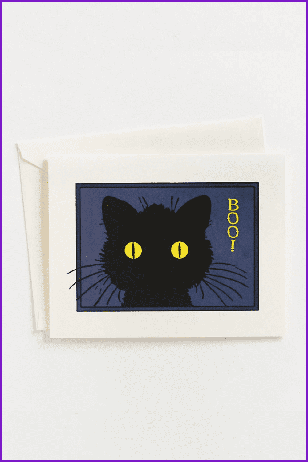 Drawn, cute black cat with bright yellow eyes.