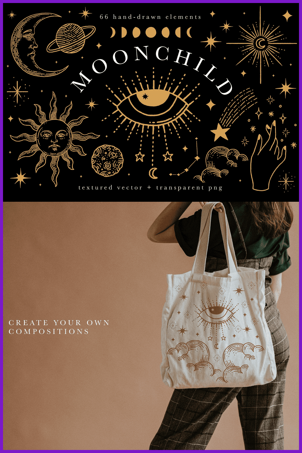 Drawn golden sun, stars, moon on a black background and a girl with a white bag.