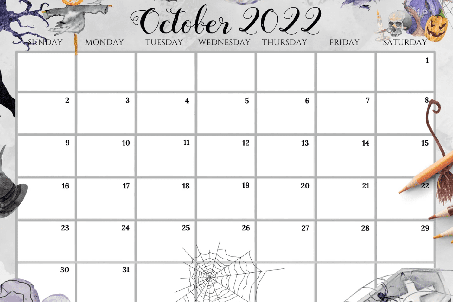 Calendar for october with the ability to make notes with pumpkins, cobwebs, skulls.