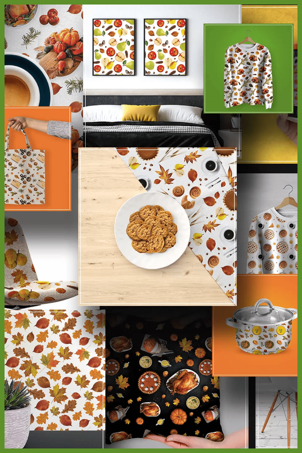 Collage of objects with prints in the form of pumpkins, apples, cookies, turkeys.