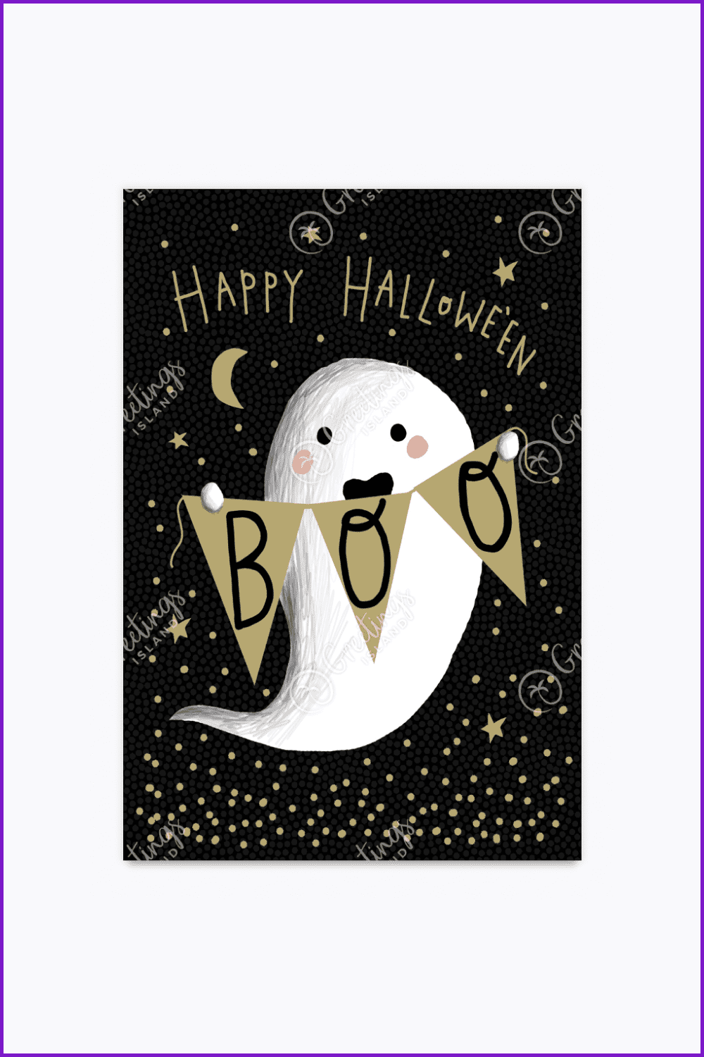 Drawn, cute white ghost on the background of the starry sky.