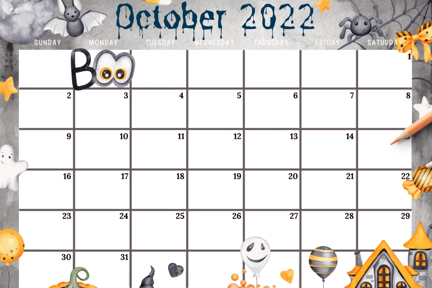 Calendar for October with the ability to make notes with bats, spider, house, balloons.