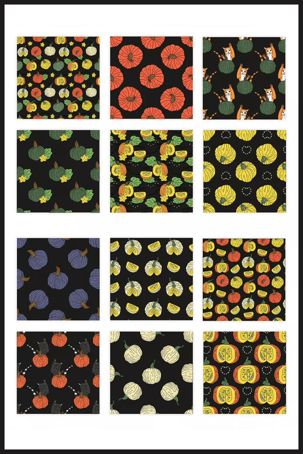 Collage of images of pumpkins of different colors and sizes on a black background.