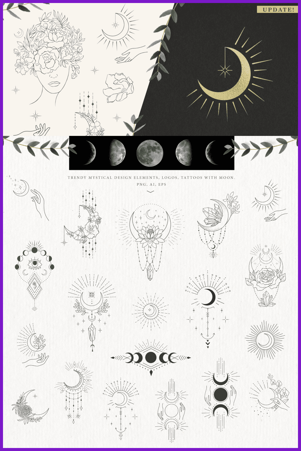 Collage of images of the moon in variations of combinations with stars.