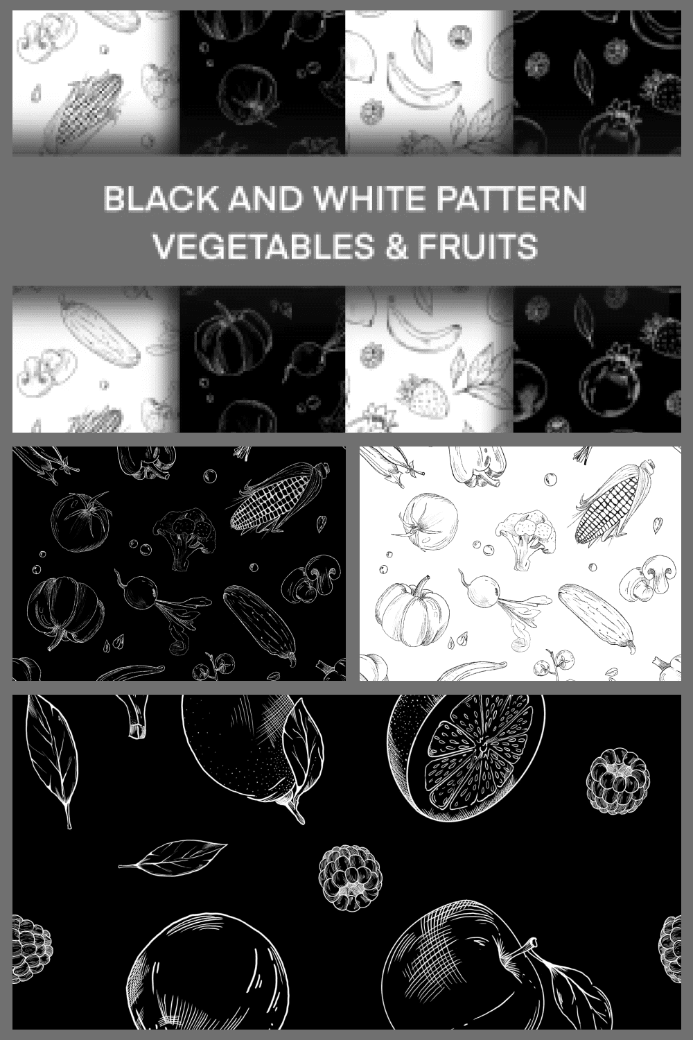 Collage of images of vegetables in black and white sketches.