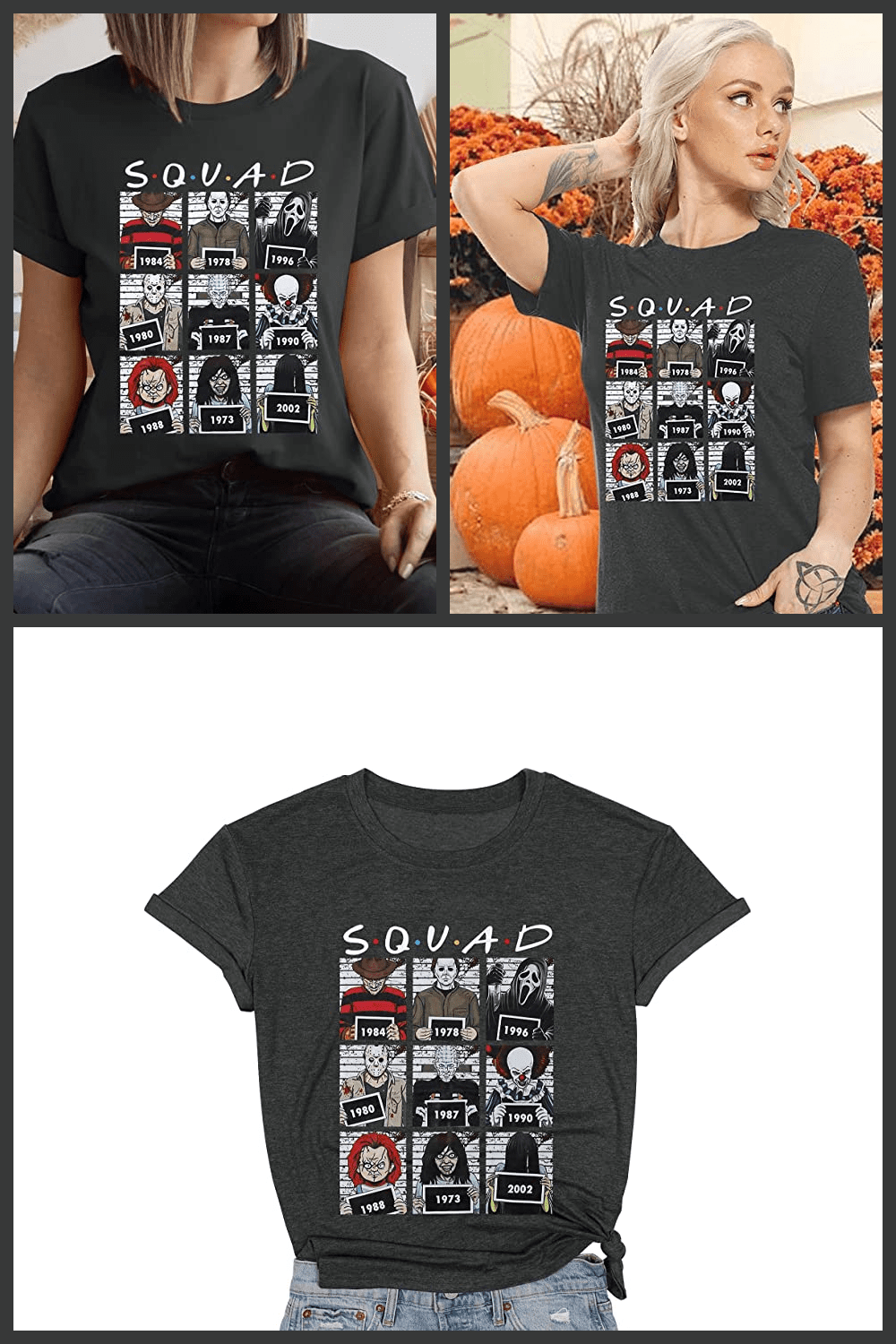 Black T-shirt with horror characters.