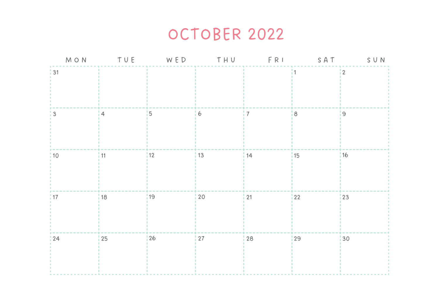 Simple color calendar for October with the ability to make notes.