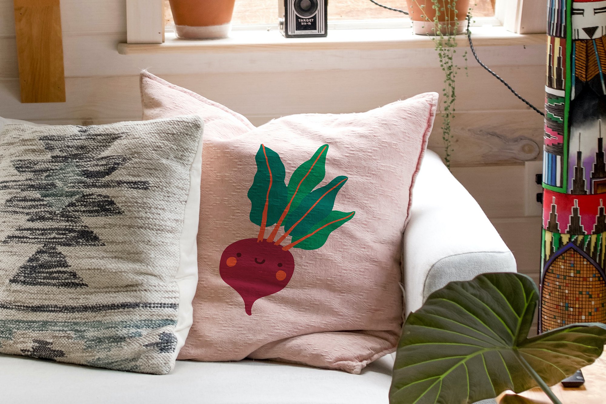 Classic decorate pillow with beetroots illustrations.