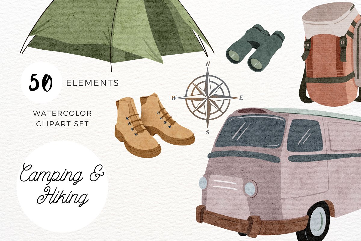 Cover image of Watercolor Camping & Hiking Clipart.