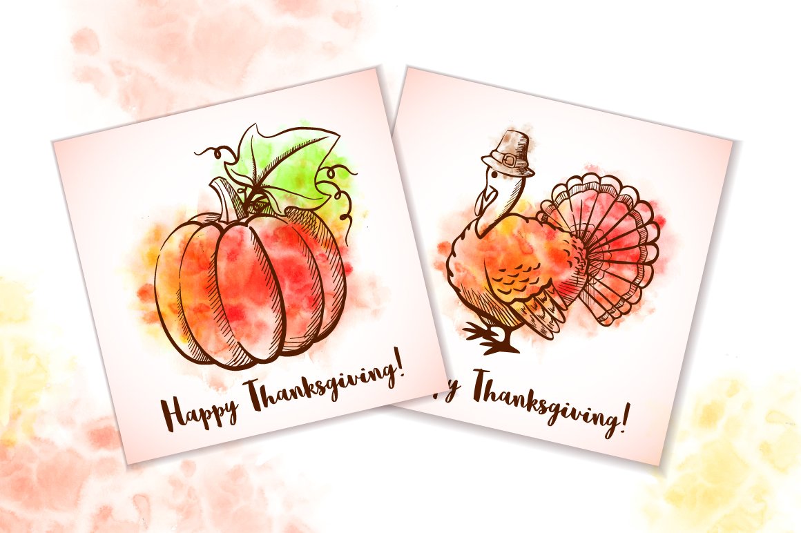 Watercolor cards with the pumpkin and a turkey.