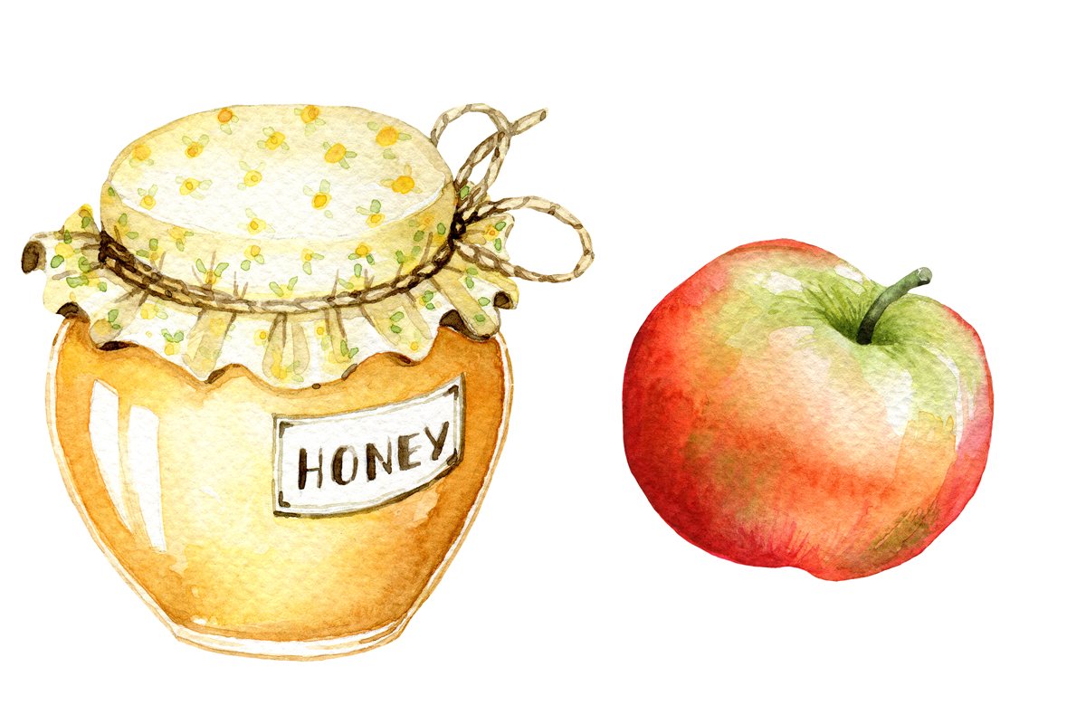 Watercolor honey and an apple.