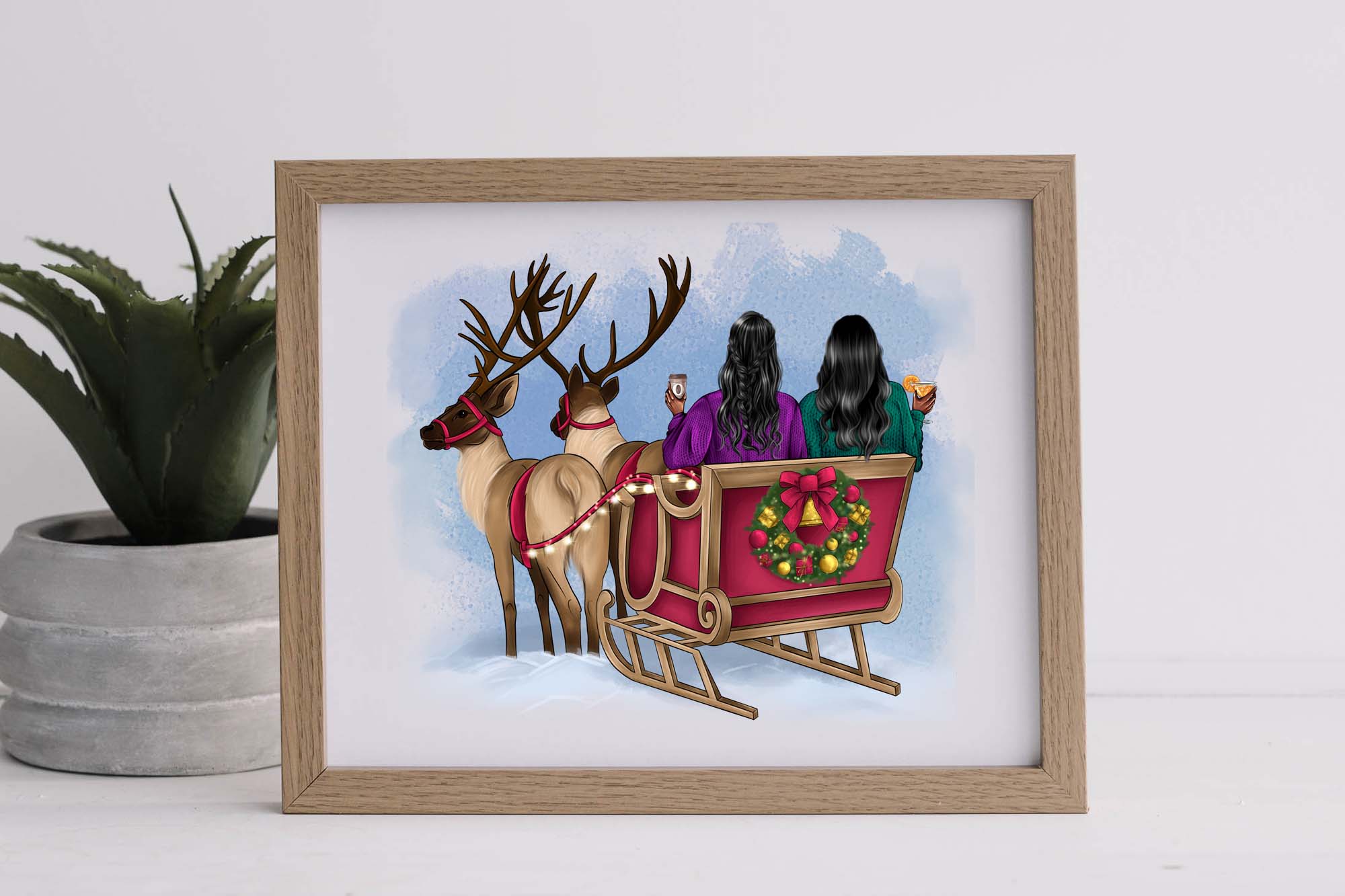 Friends in a Sleigh with Reindeer painting mockup.