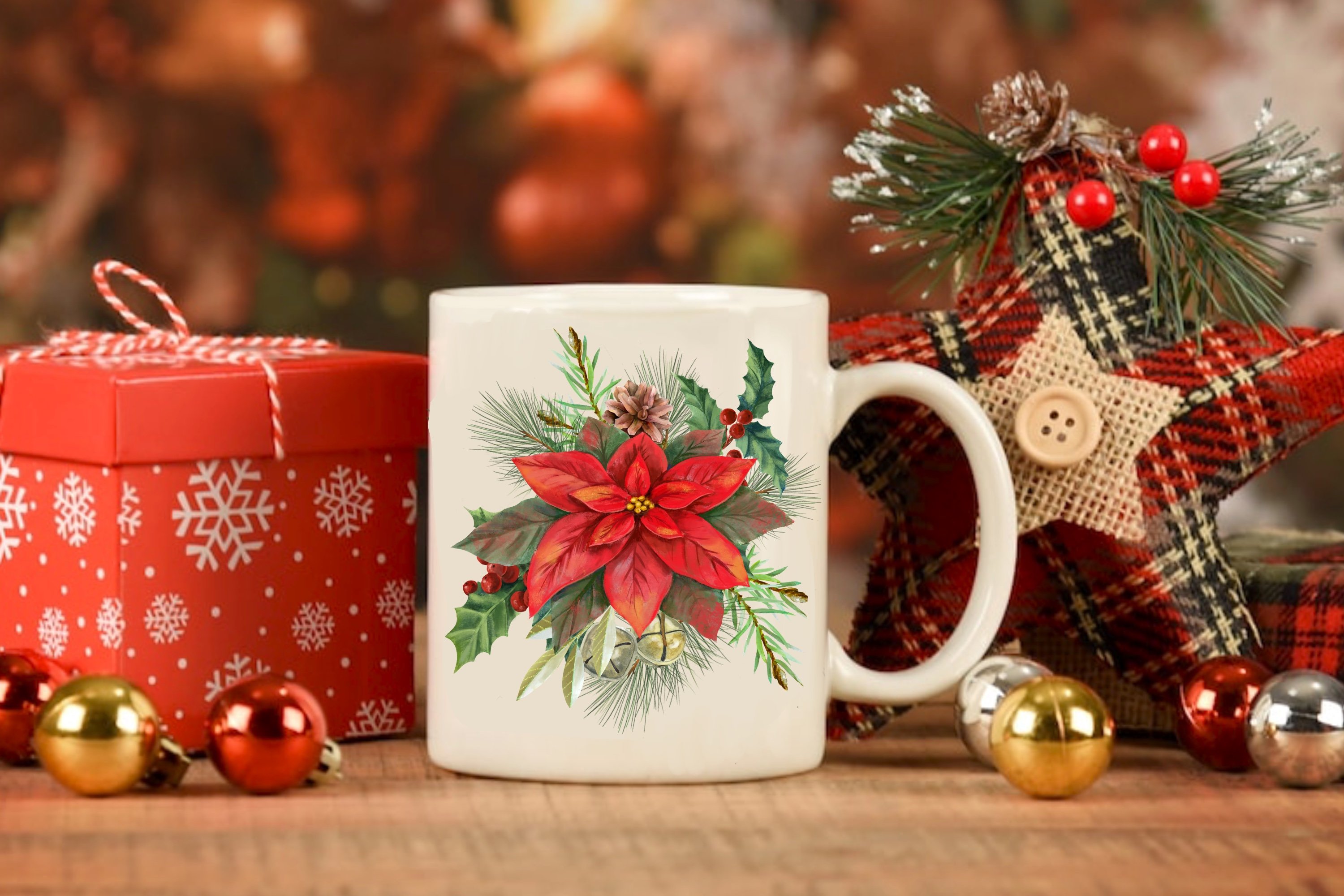 Big white tea cup with Christmas flower.