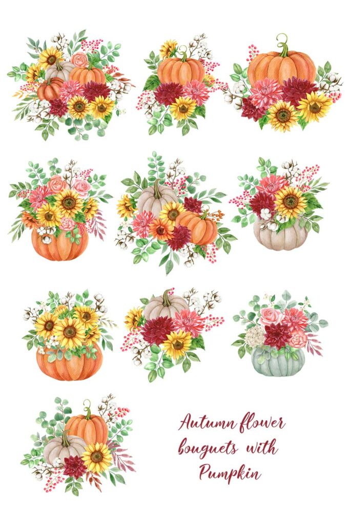 Autumn collection of watercolor flowers and pumpkins.