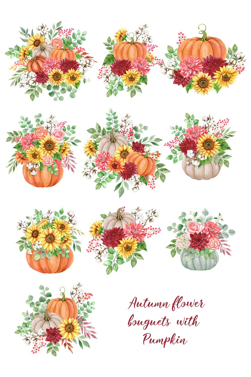 Autumn Collection of Watercolor Flowers and Pumpkins pinterest image.