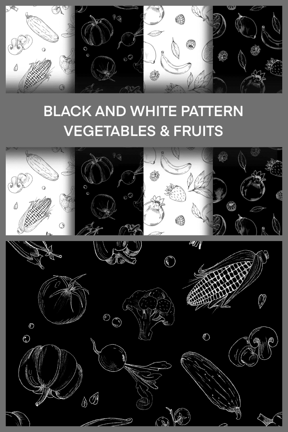 Collage with black and white vegetables fruits patterns.