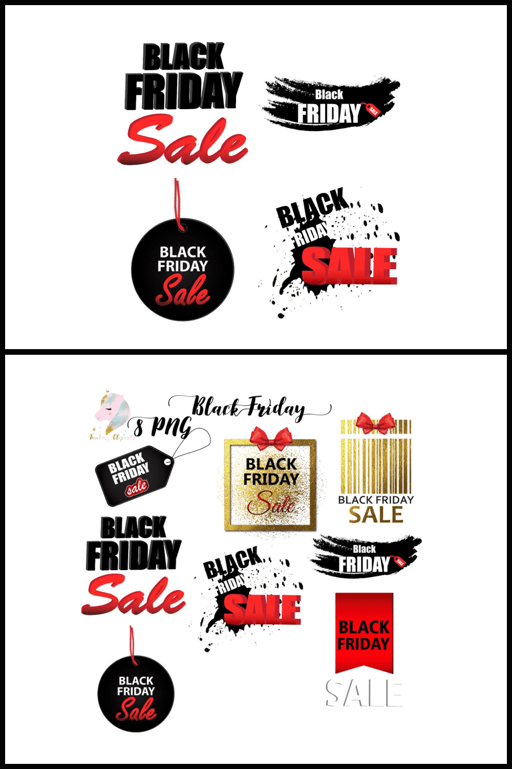 Collage of clipart for Black Friday and sale.