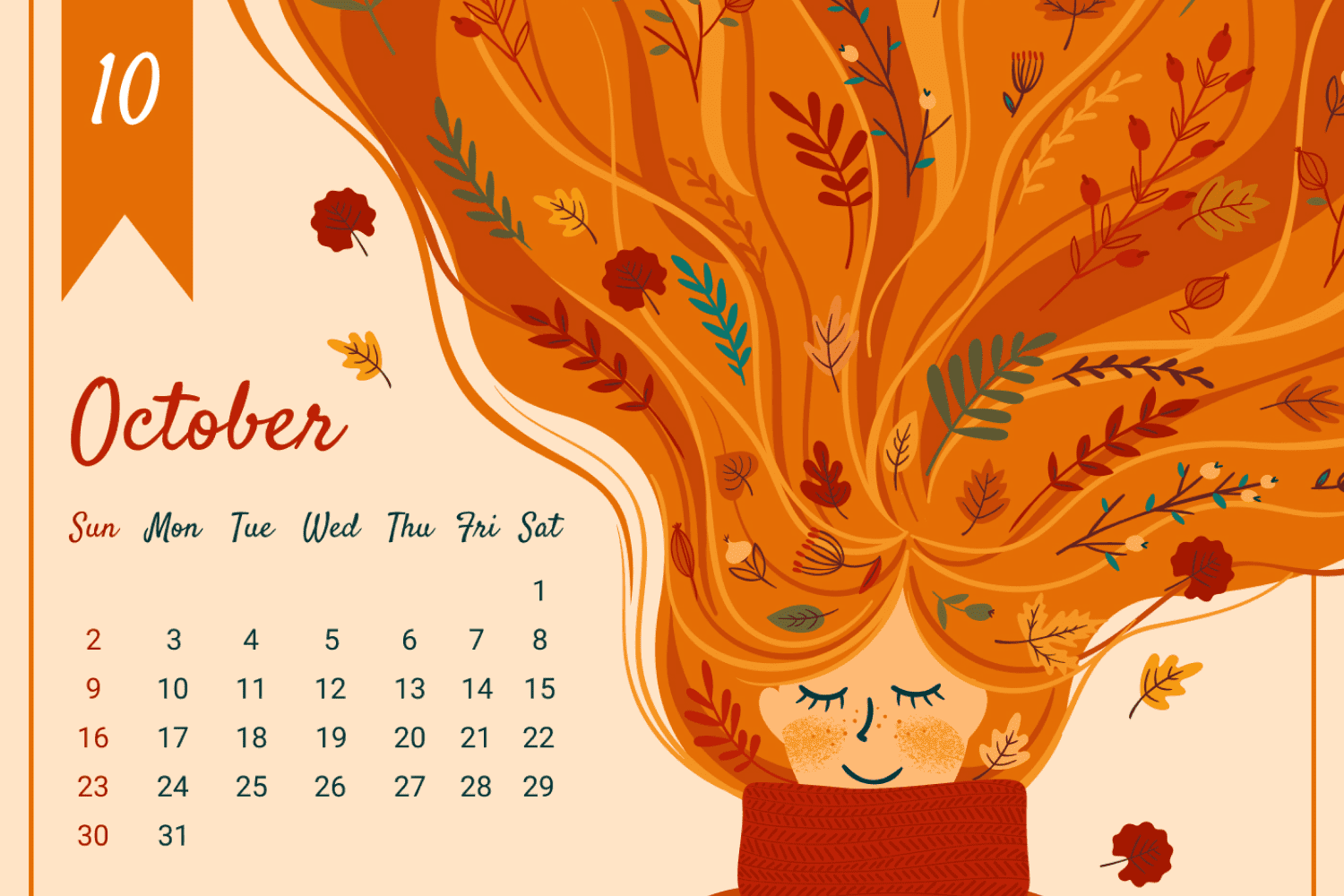 Calendar for october with a painted girl with huge orange hair.