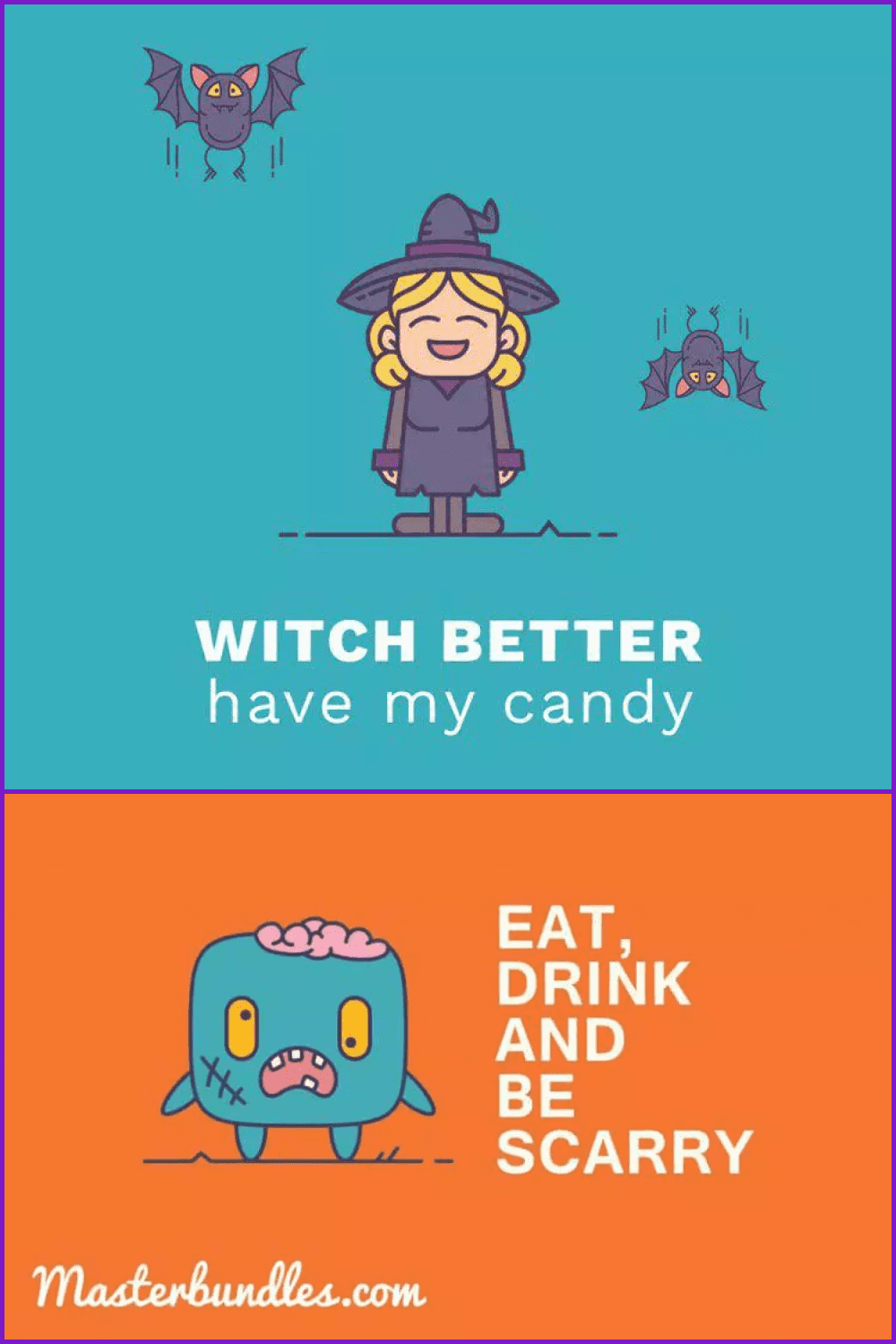 Cute cartoon witch and monster on green and orange background.