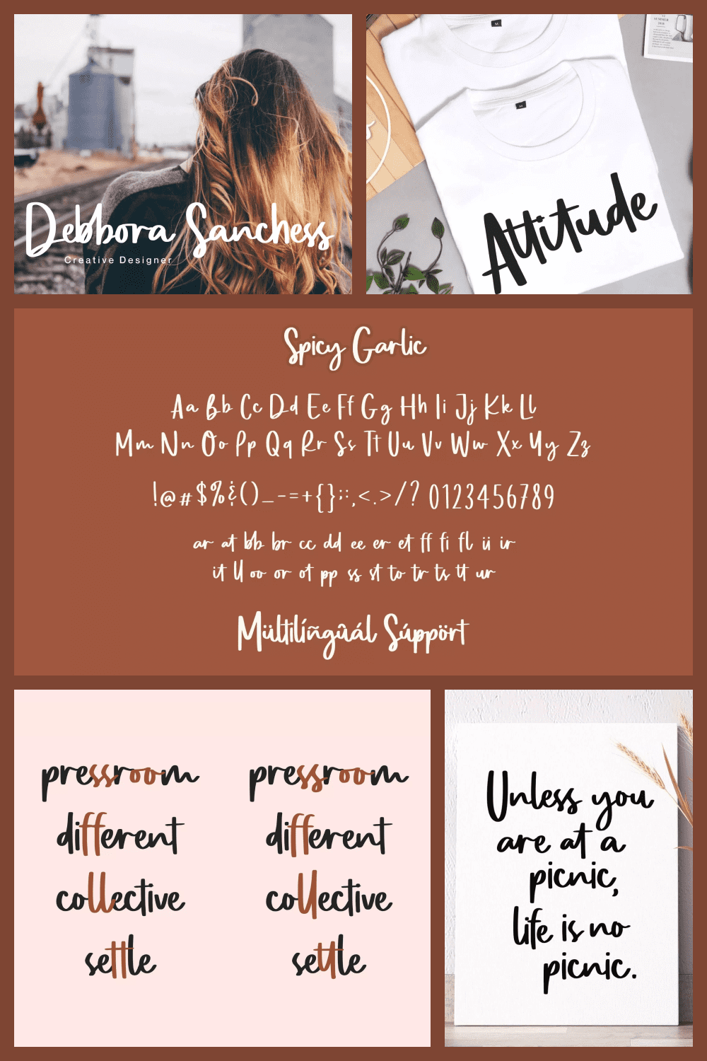 A collage of images of handwriting options on a poster and on a T-shirt.