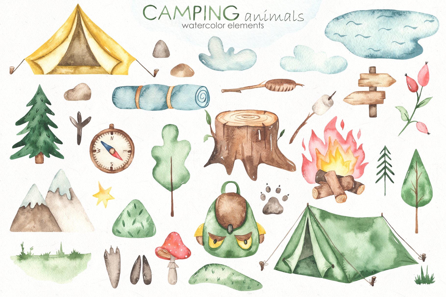 Pastel camping elements in a watercolor style.