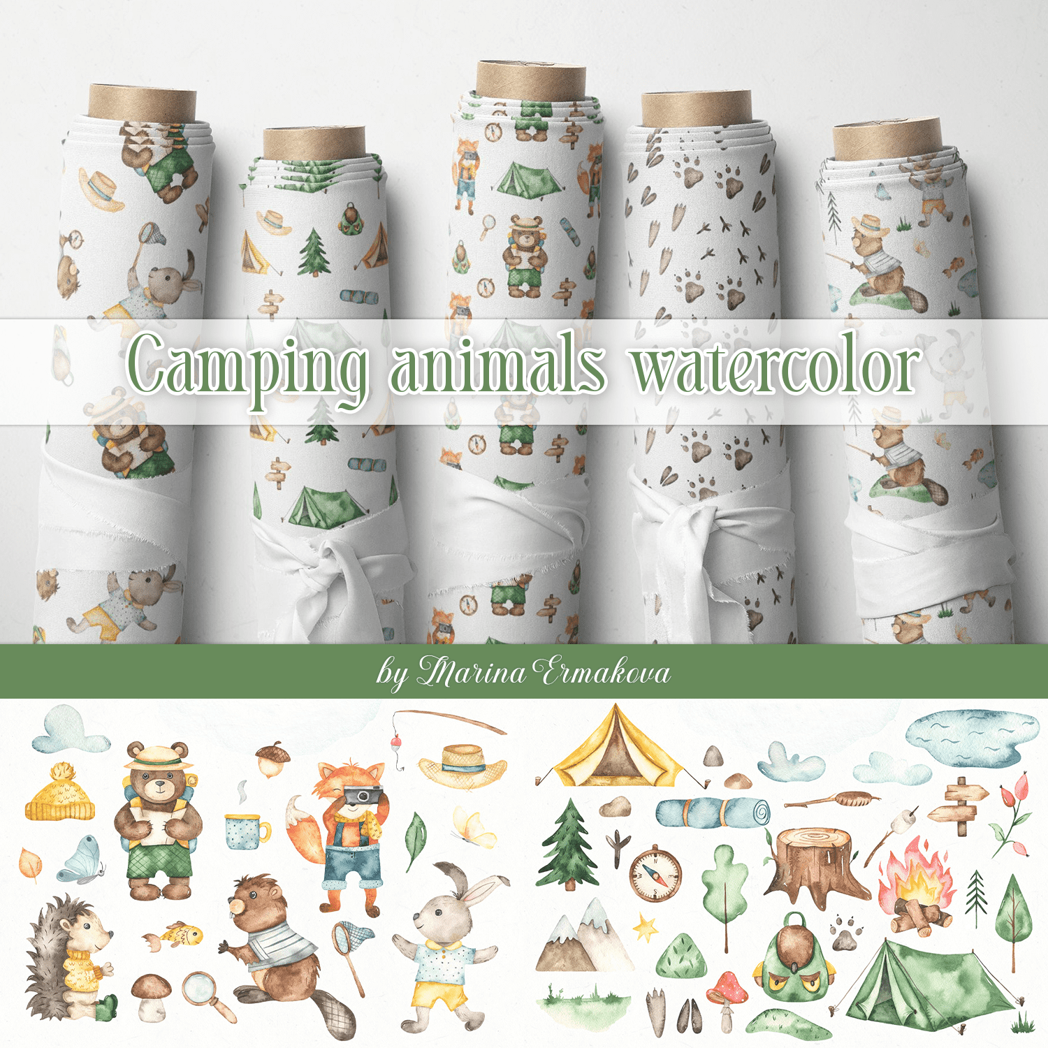 Camping animals watercolor cover.