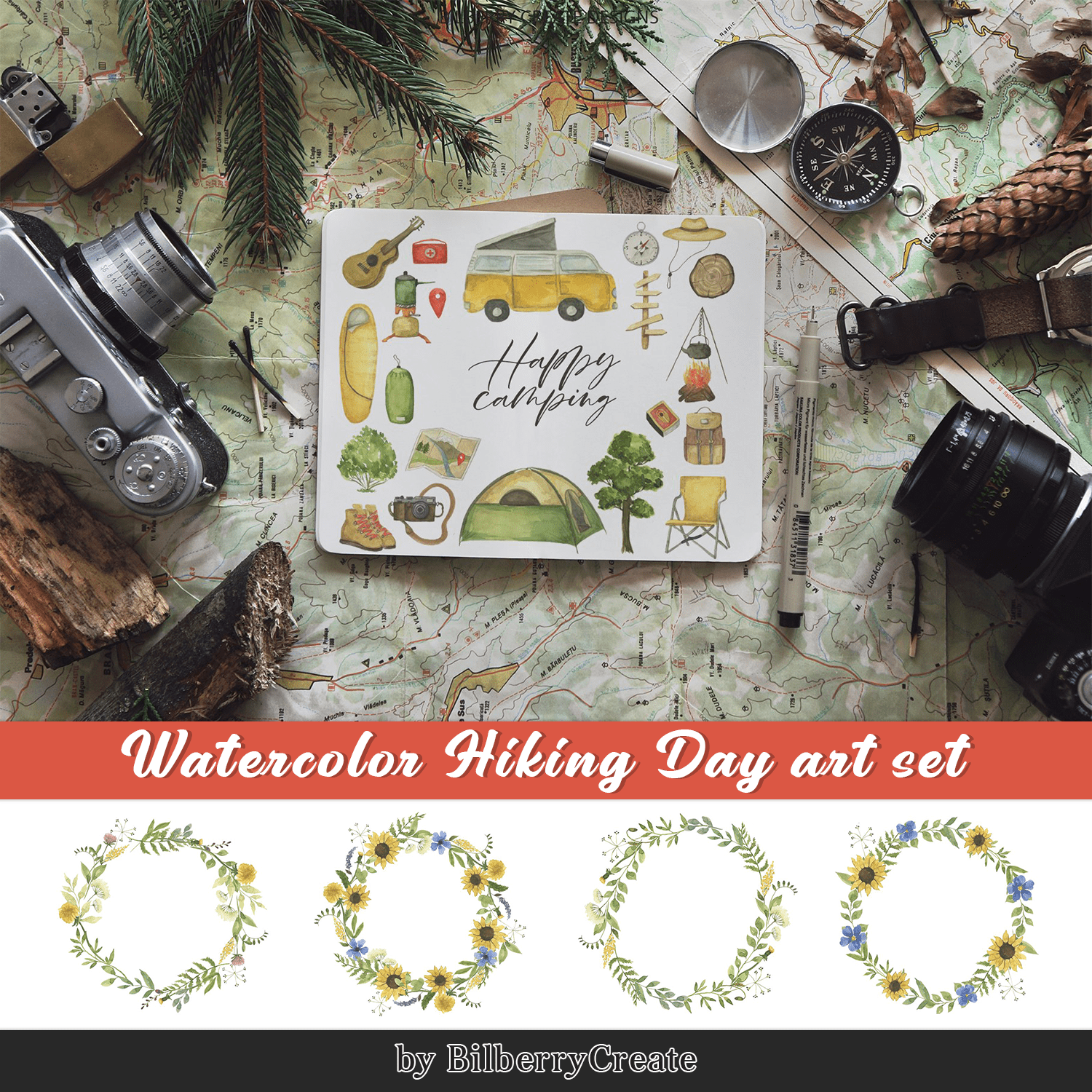 Watercolor Hiking Day art set cover.