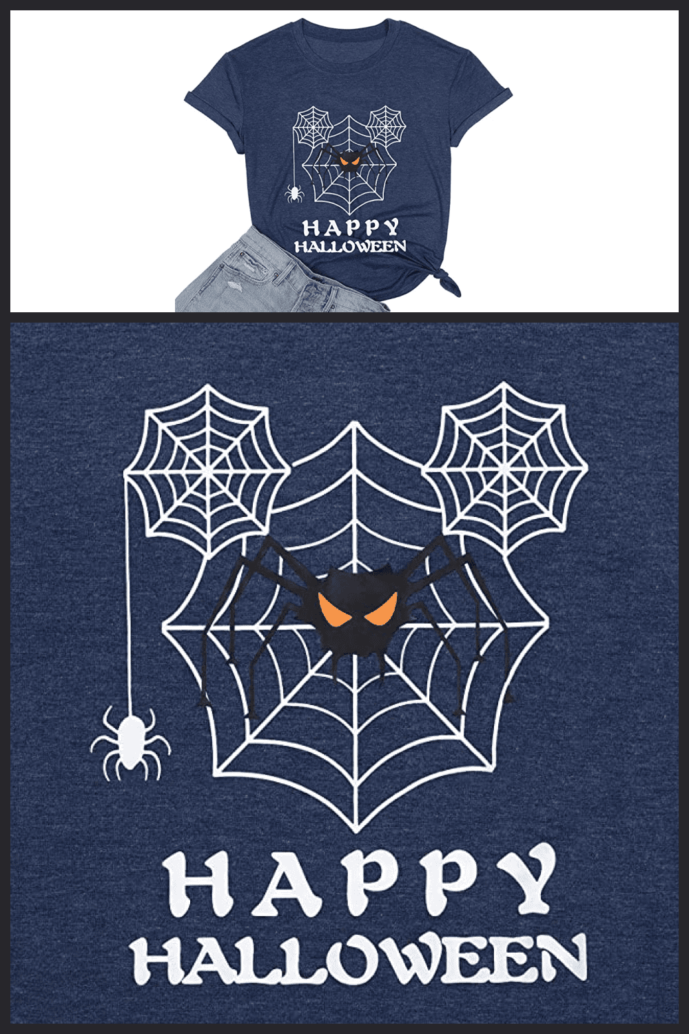 Blue T-shirt with large white web and black spider.