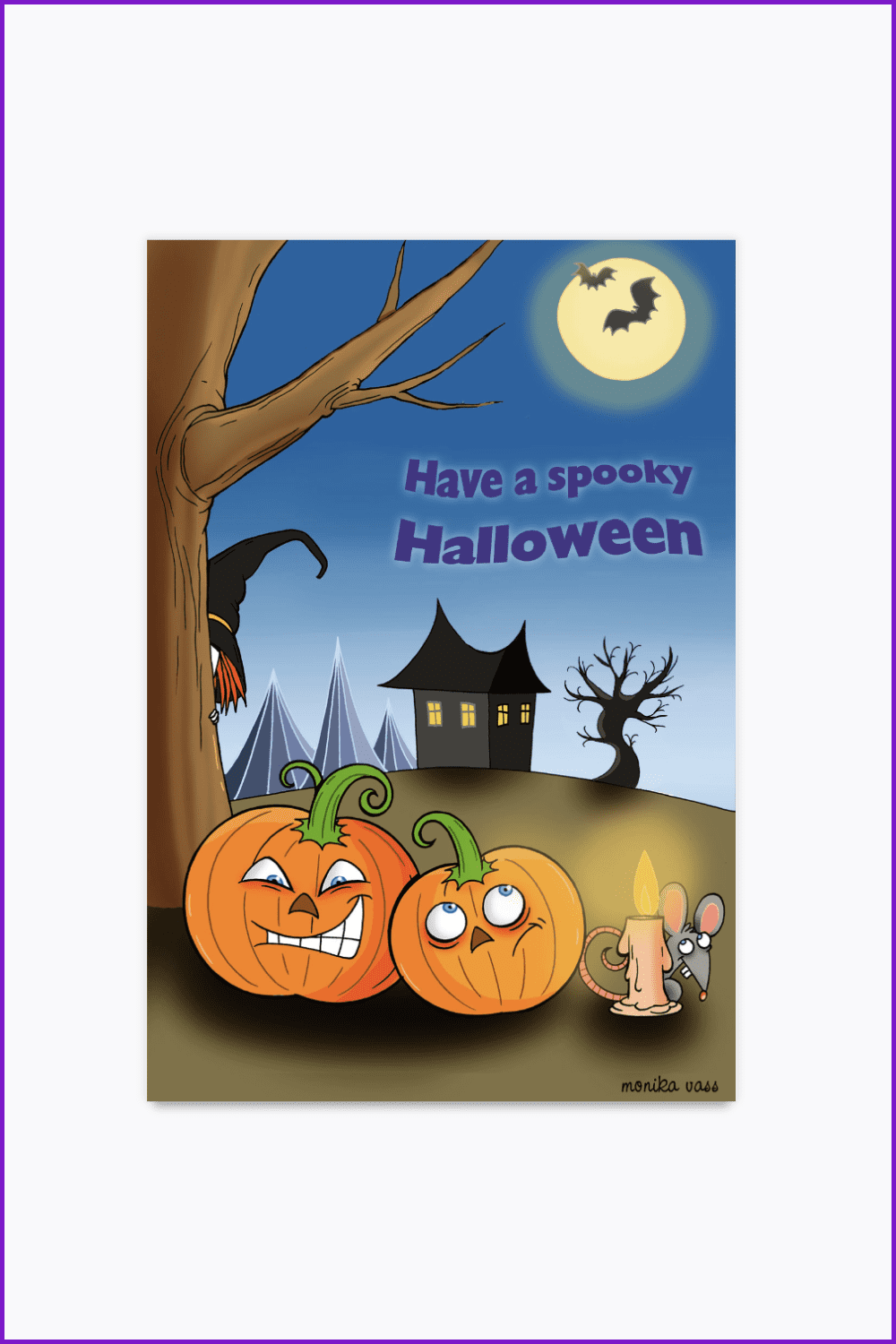 Halloween card with pumpkins, mouse, louis and house.