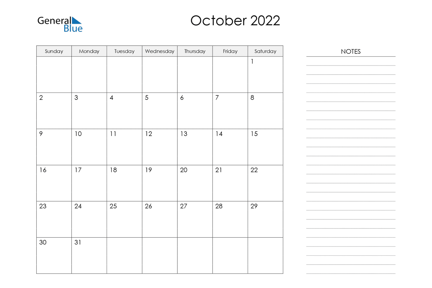 Simple calendar for October with a block for notes.