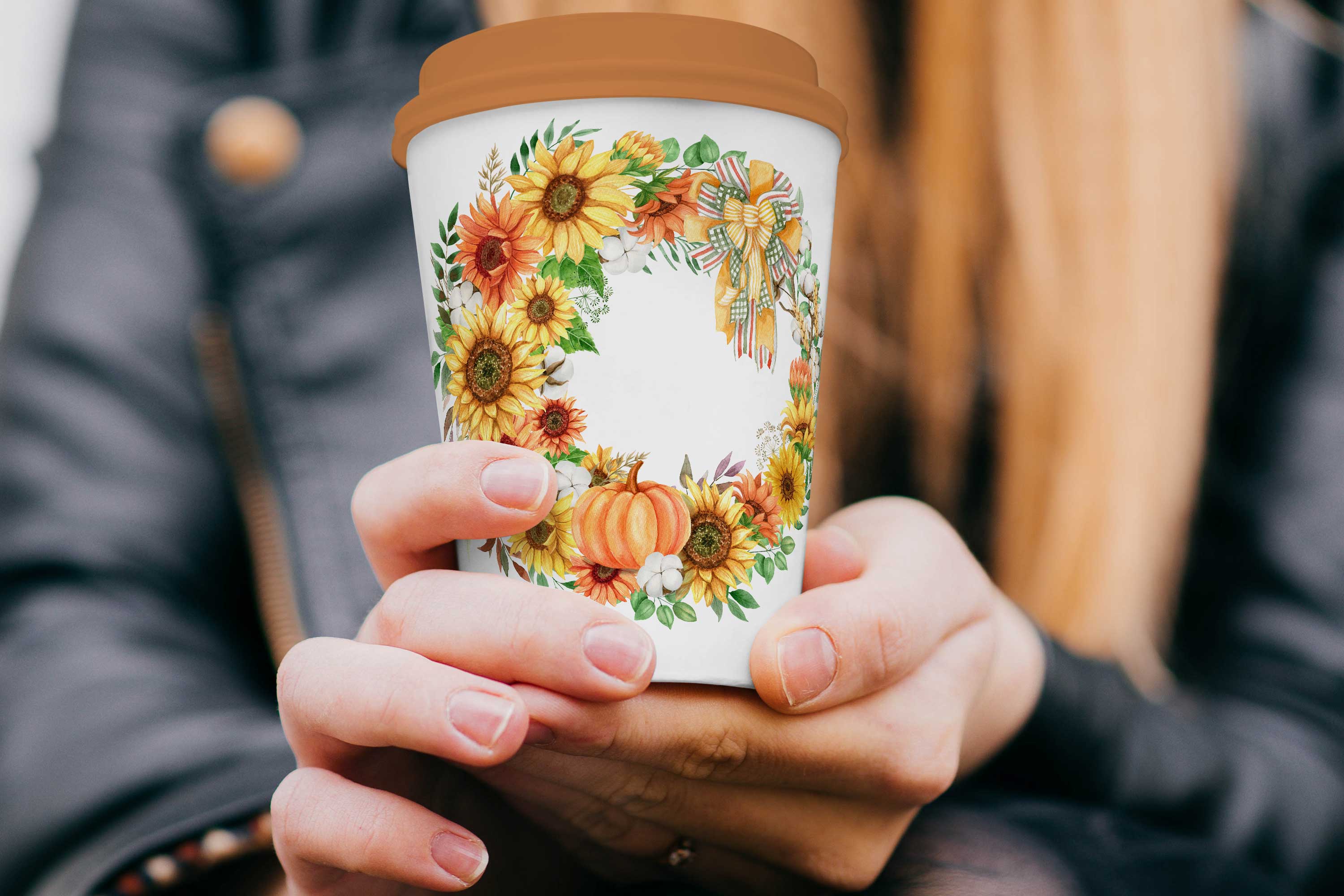 Watercolor Autumn Collection with Pumpkins, Leaves and Flowers mug mockup.