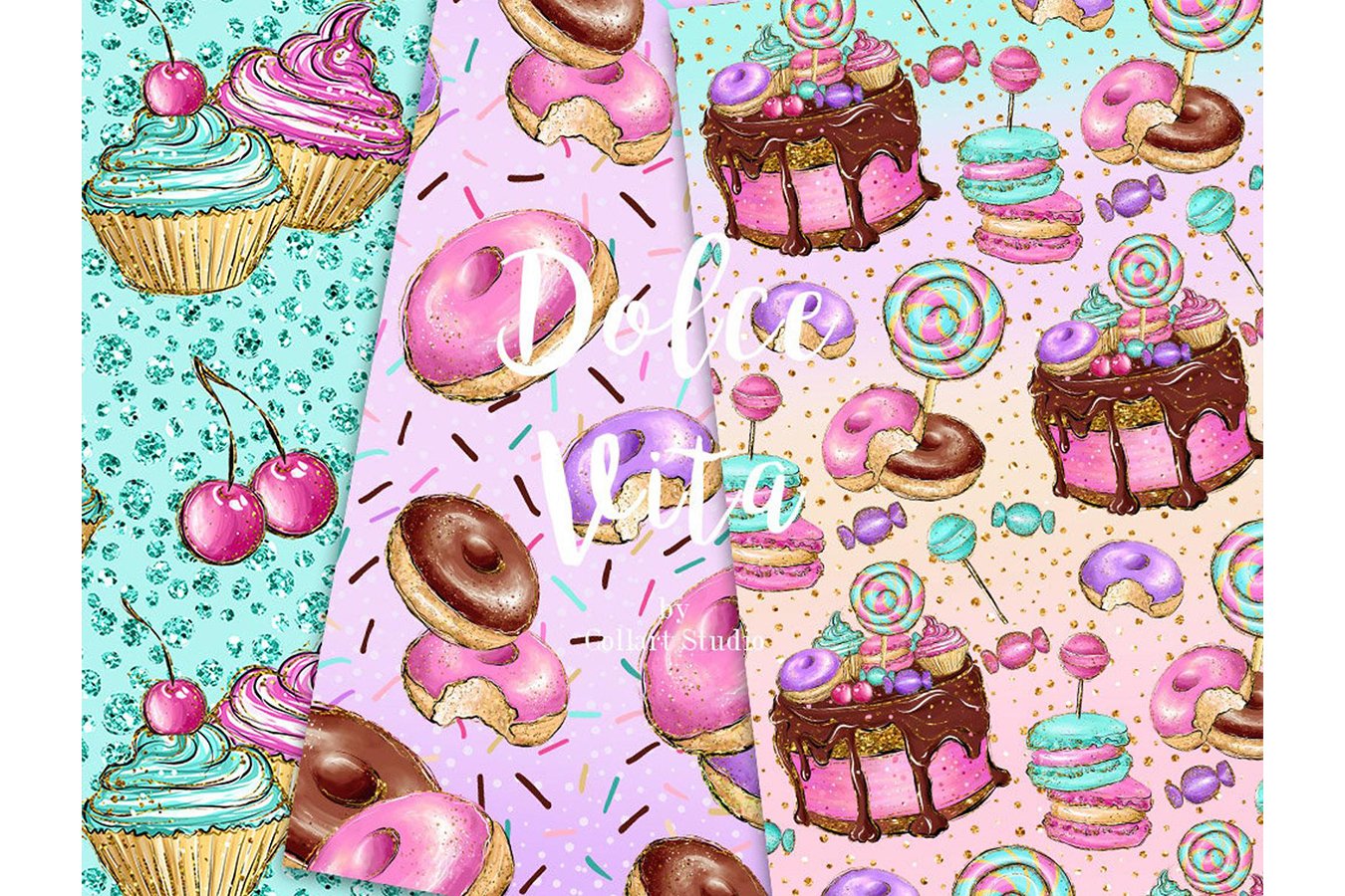 Tasty illustrations on multicolor backgrounds.