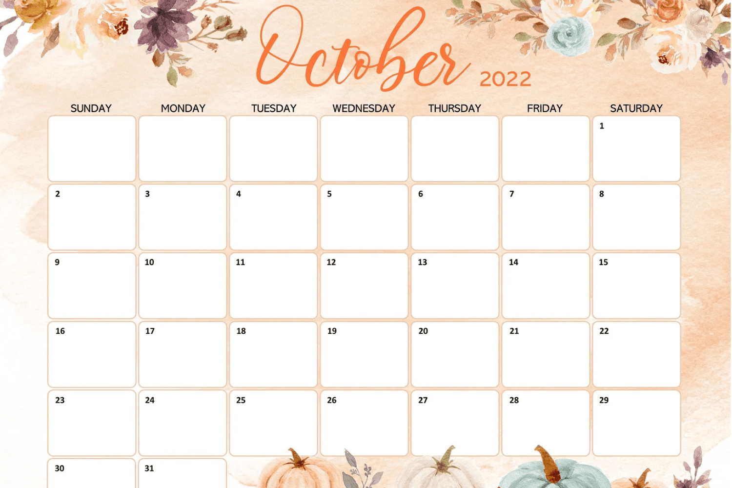 October calendar with beige background with flowers.